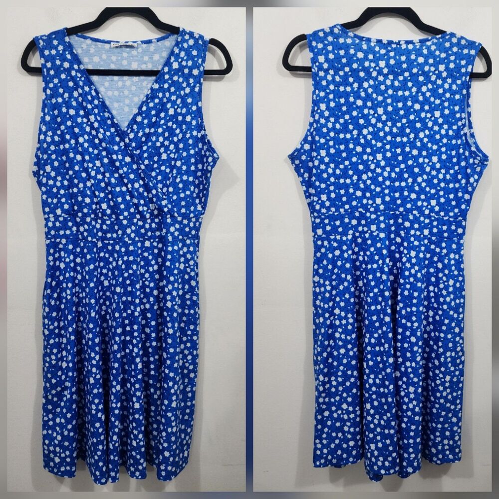 GUBERRY Women's Cobalt Blue Floral Knee Length Faux Wrap Dress Sleeveless Size L